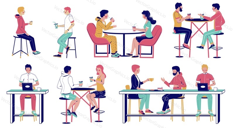 Happy people male and female characters couples, friends sitting at tables, drinking coffee, talking to each other in cafe, vector flat isolated illustration. Coffee house, bar, coffeeshop visitors.