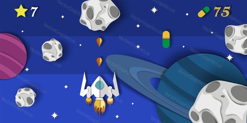 Vector layered paper cut style space background for galaxy video game. Outer space and cosmic game items such as fantasy planets, spaceship, meteorites, asteroids.