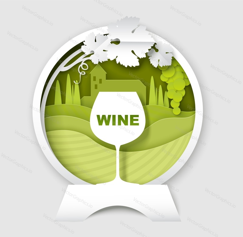 Wine logo, label, emblem template. Vector paper cut craft style wine glass, vine with grape bunch and leaves, vineyard landscape in round frame.