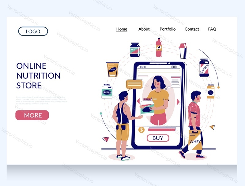 Online nutrition store vector website template, landing page design for website and mobile site development. People buying whey protein, casein, creatine, bcaa, shakers in gym supplements online store