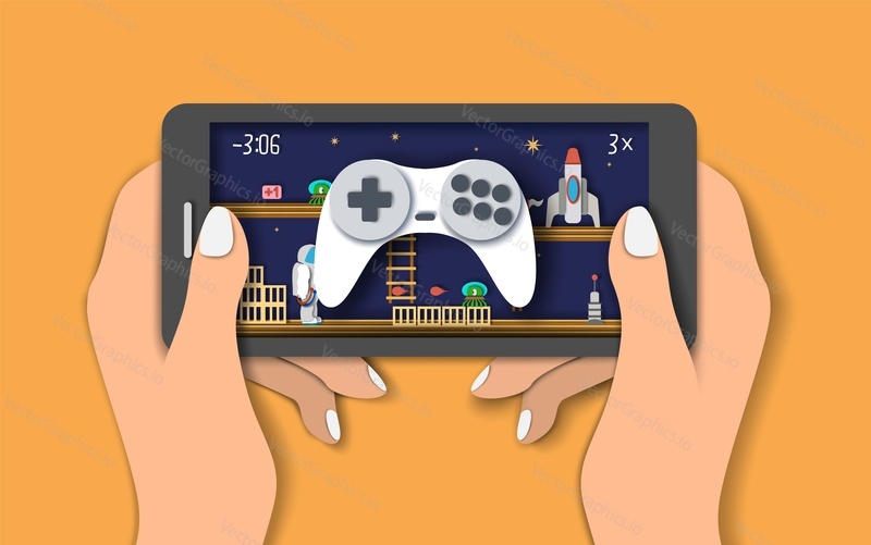 Mobile games, vector flat style design illustration. Hands holding smartphone with space video game user interface design and game controller. Mobile gaming app concept.