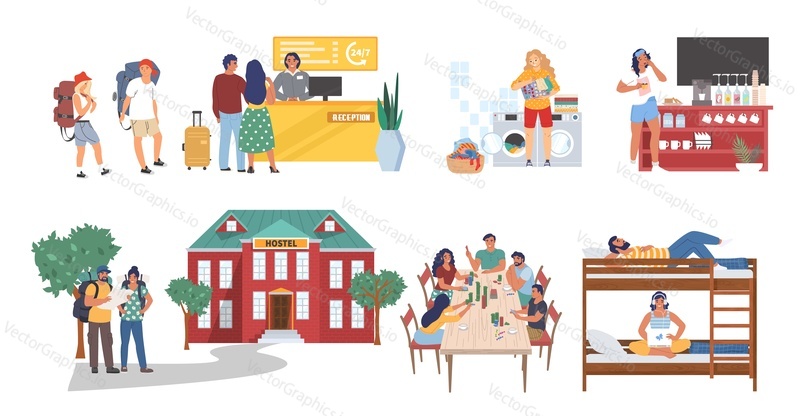 Hostel cartoon character set, flat vector isolated illustration. Hostel building, reception, kitchen, bedroom, laundry room. Tourists, students searching for cheap hotel accommodation, living in dorm.