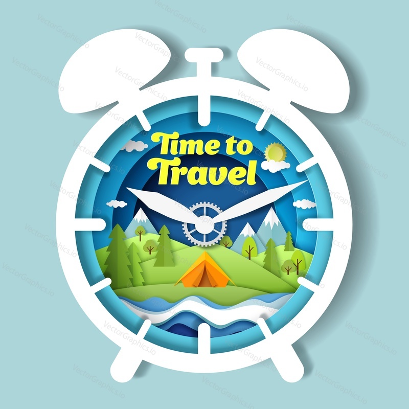 Time to travel vector poster banner design template. Paper cut craft style clock with tourist tent on river bank, forest and mountain landscape. Summer camping, hiking, trekking.