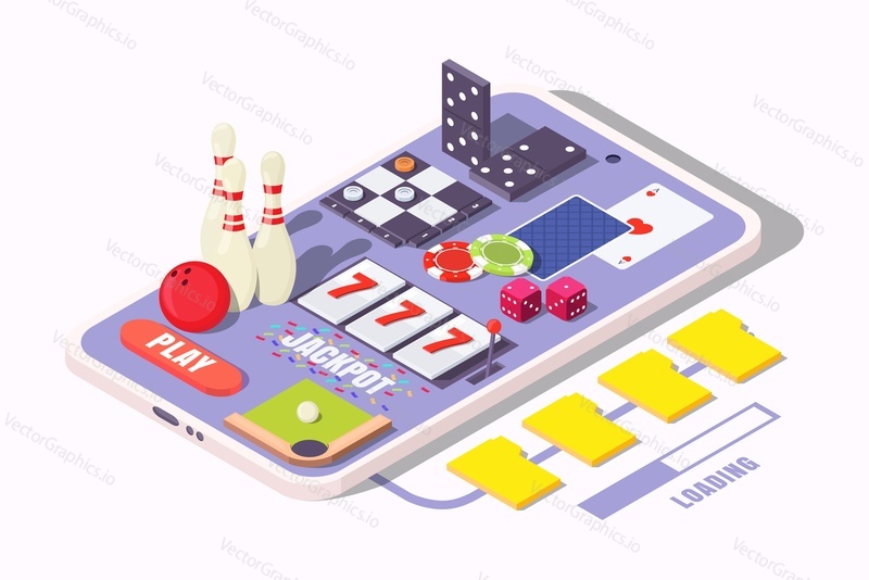 Isometric smartphone with bowling ball and skittles, checkers, playing cards, domino, chips, dices, billiards table on screen, flat vector illustration. Mobile gaming. Casino games. Mobile gambling.