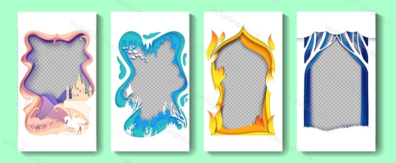 Fairytale social media stories, posts vector template. Paper cut magic kingdom with medieval castle and knight, underwater world, forest nature backgrounds with copy space. Poster, banner, cover, card