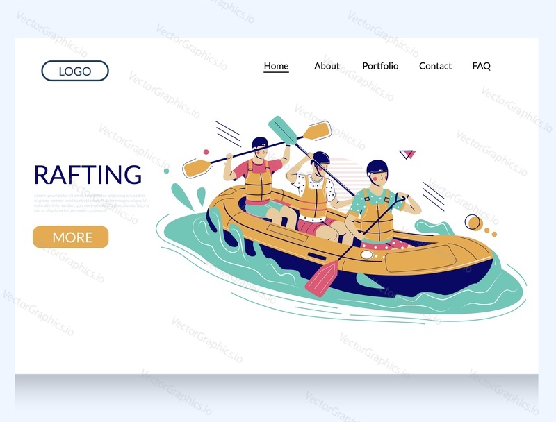 Rafting vector website template, landing page design for website and mobile site development. Rafting team paddling inflatable boat. Extreme water sport and tourism.