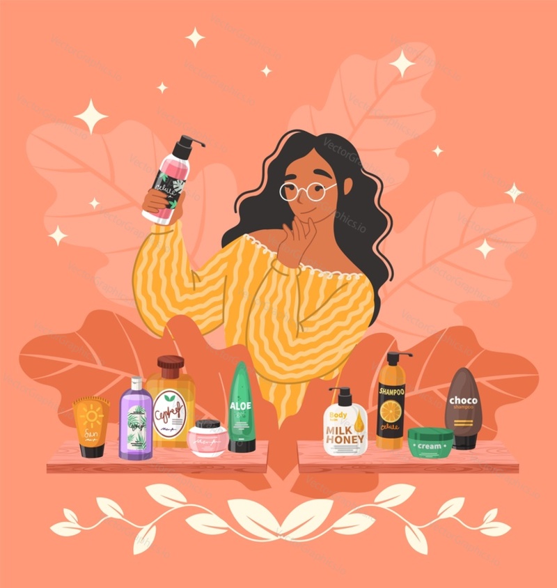Happy woman with cosmetic bottle, flat vector illustration. Beauty, hair and skin care products on shelves. Cosmetic store poster, banner template.