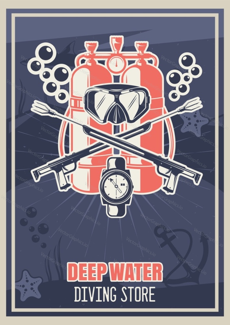 Scuba diving equipment store vintage typography poster template, vector illustration. Aqualung, mask, two crossed spearfishing guns for recreational scuba diving sport and leisure activity.
