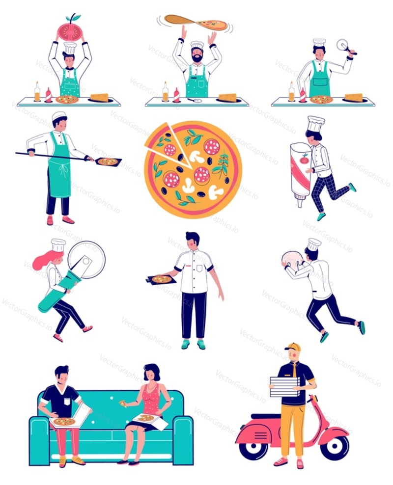 Micro characters pizzamakers making huge pizza, courier delivering and couple eating pizza, vector flat illustration. Pizzeria, fast food restaurant, food delivery concept for web banner, website page