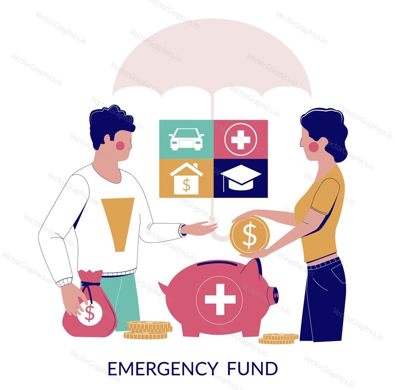 Emergency fund, vector flat illustration. Couple saving money to cover unexpected and unplanned expenses in future such as medical emergency, car and home repairs, education.