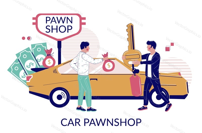 Car pawnshop, vector flat illustration. Pawnshop quick cash collateral loan for automobile. Customer getting bag full of money in exchange for car key.