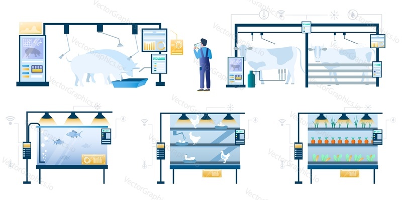 Smart farming technology set, flat vector illustration. Automated pig, cattle, chicken, fish farms, greenhouse. Internet of things, wireless remote control, modern farming agriculture technology.