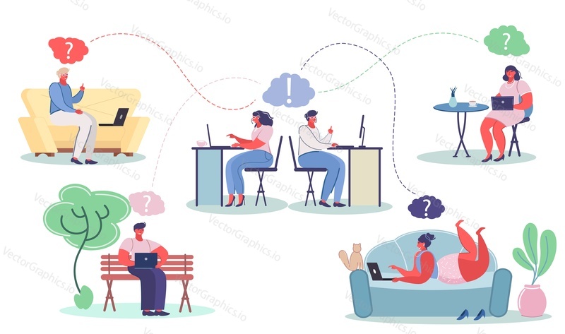 Hotline operators man and woman in headset using laptops and answering questions of their customers, vector flat isolated illustration. Technical support, call center and customer support service.