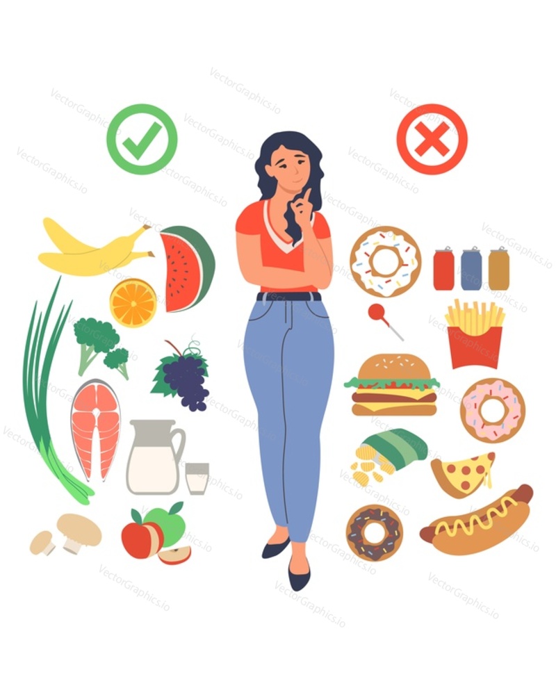 Obesity and weight problems. Young woman choosing between healthy and unhealthy food, flat vector illustration. Weight loss and healthy lifestyle. Junk food vs healthy balanced menu.