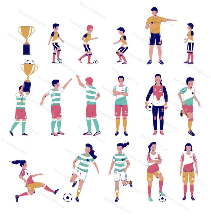 Soccer player set, flat vector isolated illustration. Kids with coach, adults male and female cartoon characters playing football, kicking the ball, holding gold cup. School soccer game, championship.