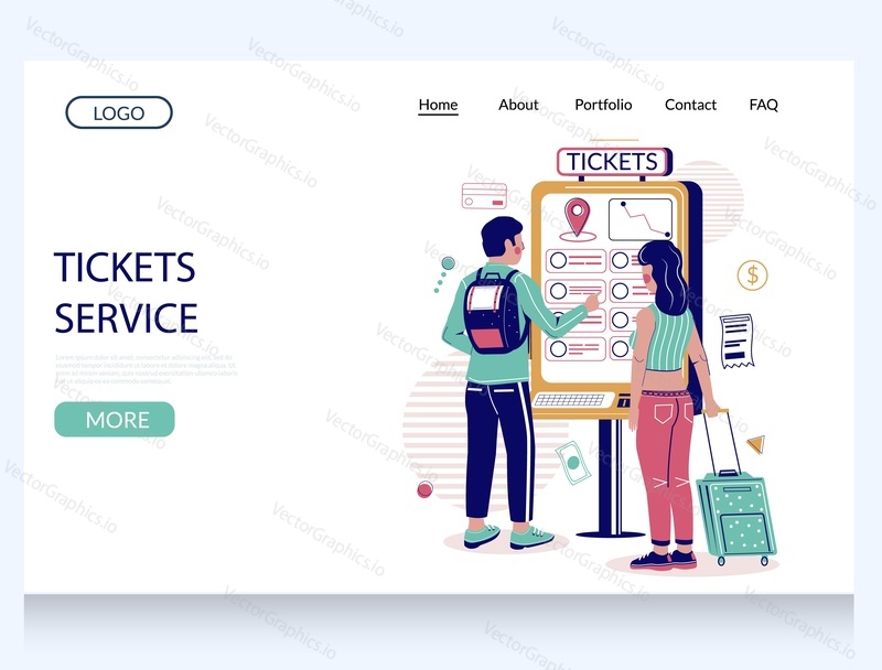 Tickets service vector website template, landing page design for website and mobile site development. Entertainment and travel self service ticket kiosk, male and female characters with luggage.
