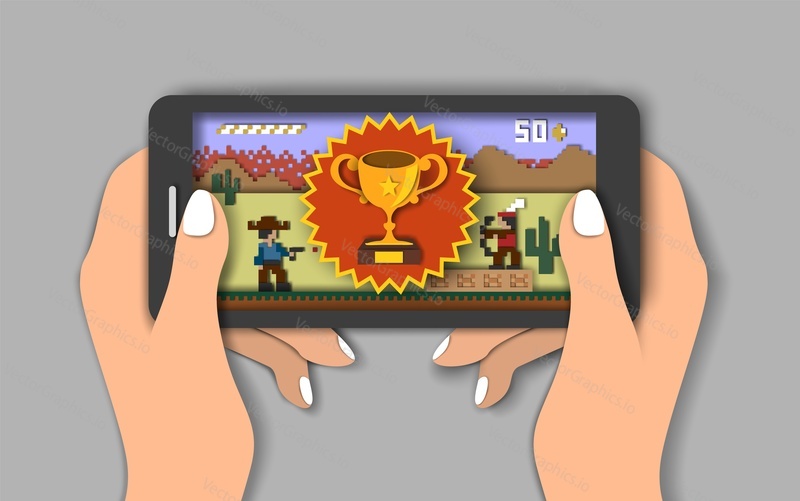 Mobile games, vector flat style design illustration. Hands holding smartphone with pixel art style wild west video game user interface design and winner cup award. Mobile gaming app concept.