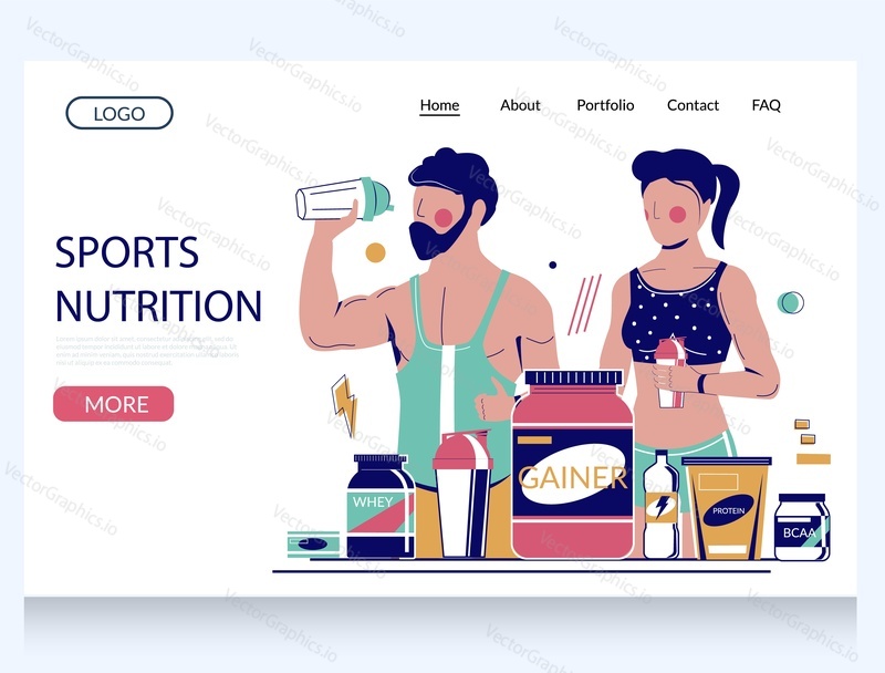 Sports nutrition vector website template, landing page design for website and mobile site development. Fitness people drinking protein shake. Bodybuilding sports nutrition, energy drinks.