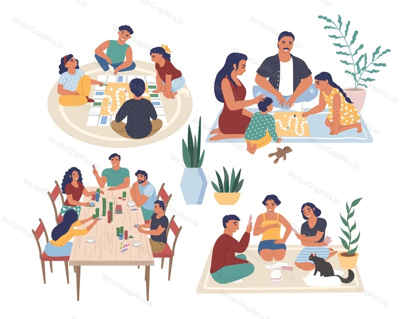 Happy people playing board games, flat vector illustration. Families parents with kids, adults friends sitting at table, on the floor enjoying spending time together at home and playing tabletop games