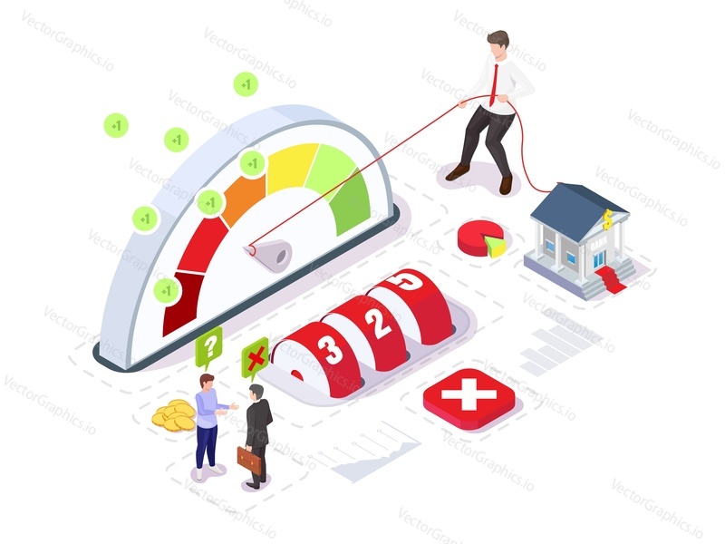 Bad credit history and ranking to get loan, isometric flat vector illustration. Personal credit score improving concept with bank creditor and customer borrower characters, credit score gauge.