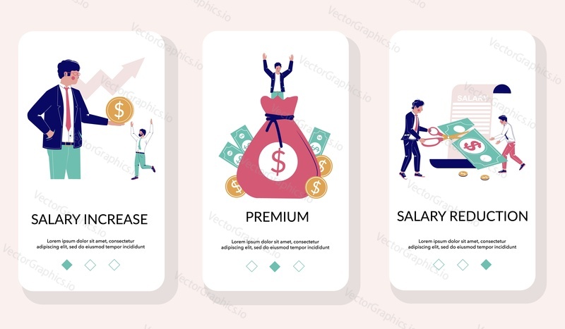 Salary mobile app onboarding screens. Menu banner vector template for website and application development. Salary increase and reduction, premium, bonuses.