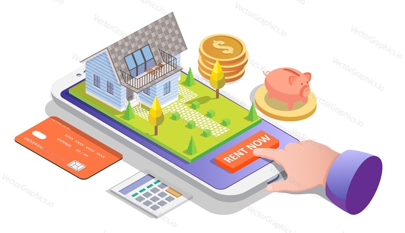Isometric smartphone with residential house building on screen, flat vector illustration. Real estate for buying or rent via the internet. Rent home online concept.