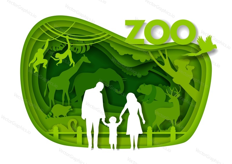 Happy family visiting zoo, vector illustration. Paper cut craft style father, mother and kid looking at giraffe, monkey, deer, koala bears, elephant wild animals silhouettes. Zoo animals.