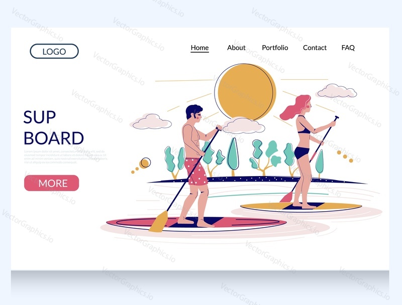 SUP board vector website template, landing page design for website and mobile site development. Young man and woman with paddles standing up on large boards on water. SUP surfing concept.