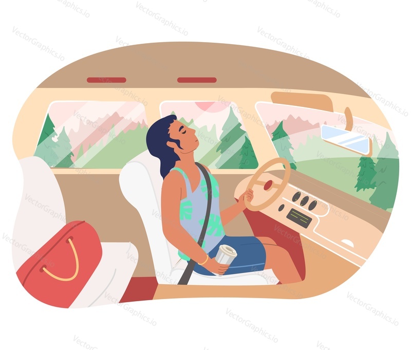 Sleepy girl driving car, flat vector illustration. Tired female driver cartoon character, drowsy young woman with cup of coffee at the wheel.