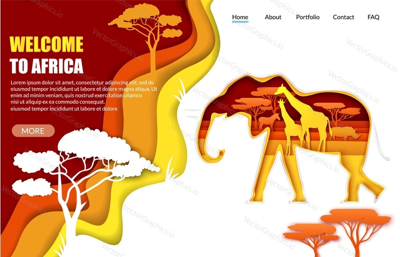 Welcome to Africa vector website template, landing page design for website and mobile site development. Paper cut elephant silhouette with African nature giraffes rhino zebra inside. Travel to Africa.