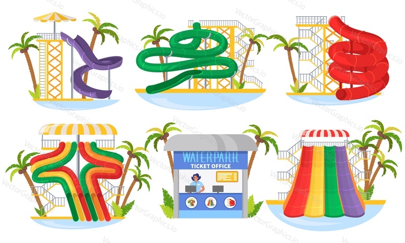 Water park slide set, flat vector isolated illustration. Waterpark ticket office and attractions. Aqua park spiral pipe, tube, waterslide collection. Summer outdoor water amusement, entertainment.