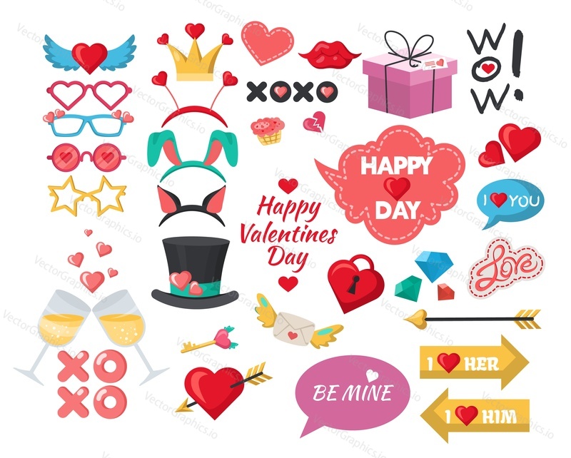 Valentines Day photo booth props, party decoration set, flat vector isolated illustration. Happy Valentines Day celebration accessories. Hearts, gifts, lips, crown, glasses, head hoops, speech bubbles