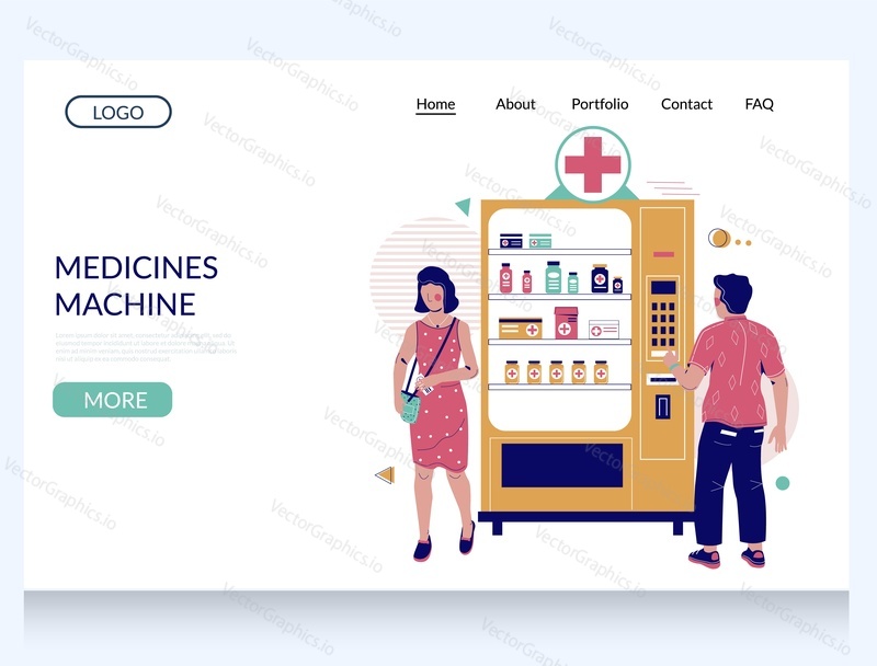 Medicines machine vector website template, landing page design for website and mobile site development. People using medicine dispenser. Pharmaceutical vending machines and self-service technologies.