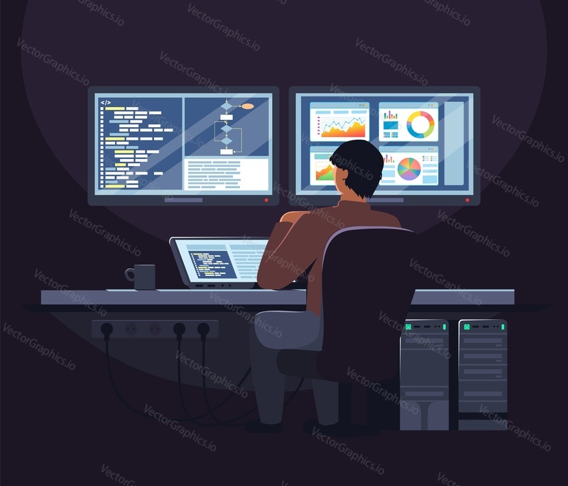 System administrator, programmer male cartoon character sitting at table in front of computer, flat vector illustration. Software developer working on laptop in office. Computer coding and programming