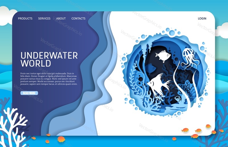 Underwater world vector website template, landing page design for website and mobile site development. Layered paper cut style underwater sea ocean cave, tropical exotic fish, aquatic plants.