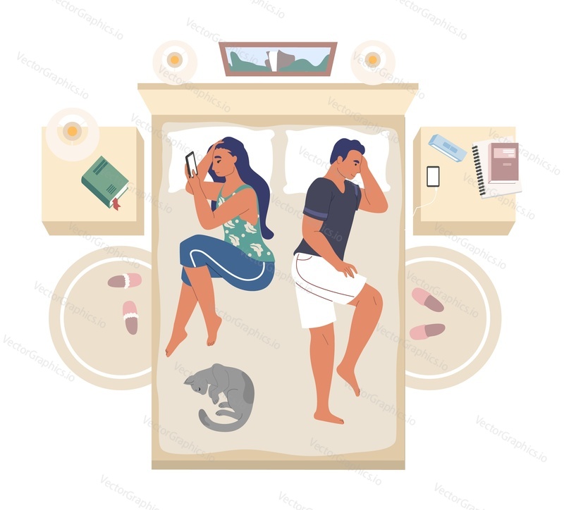 Young man and woman lying on bed turned away from each other, flat vector illustration. Unhappy couple having relationship problems. Woman holding smartphone. Family conflict.