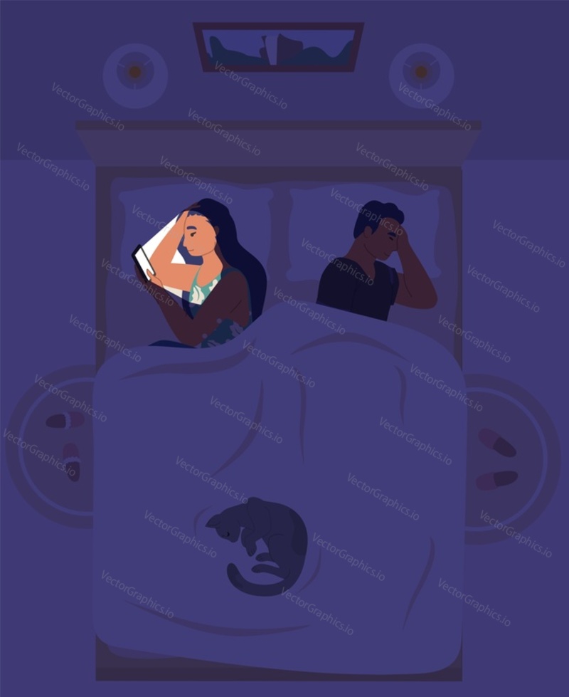Married couple lying in bed turned away from each other, flat vector illustration. Sleepless woman using smartphone suffering from insomnia. Stress, depression, smartphone addiction, sleep disorder.