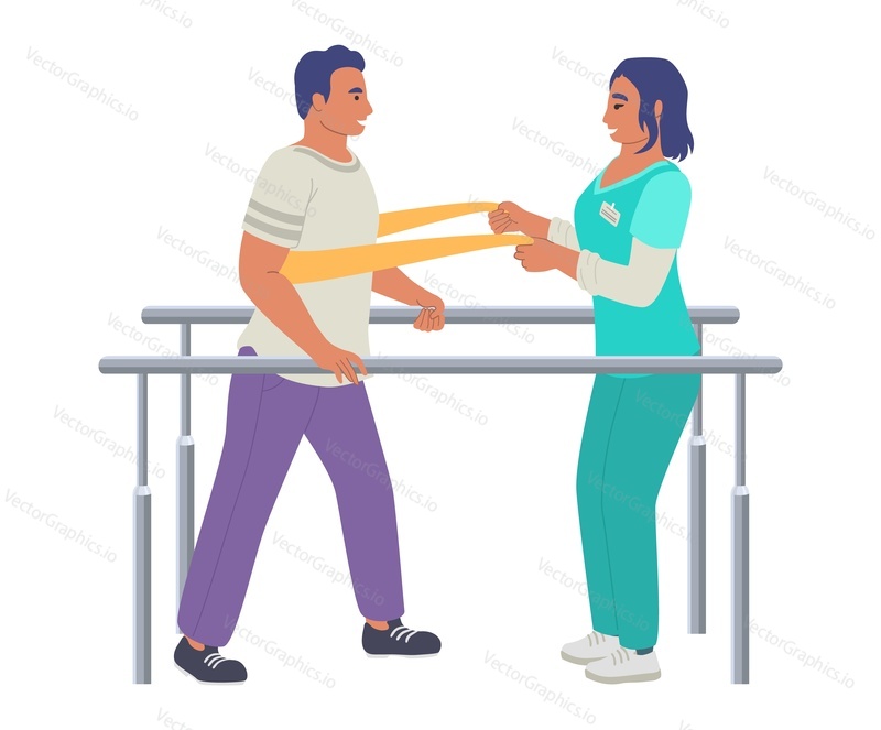 Rehabilitation center. Patient learning to walk using parallel bars with help of physiotherapist, flat vector illustration. Rehabilitation, physical therapy treatment of people with injury, disability