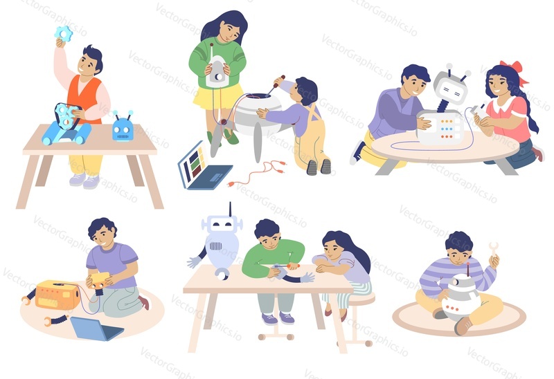 Robotics school character set, vector flat isolated illustration. Boys and girls students, children studying robotics, building robots, playing with toy robots. School for robotic engineering.