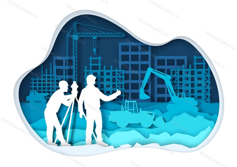 Construction heavy machinery and equipment, builders silhouettes. Vector illustration in paper art craft style. Construction site. Home building industry.