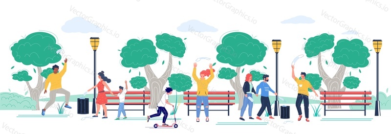 End of coronavirus quarantine. Happy people walking in the park removing medical face masks and throwing them away, vector flat illustration. Characters enjoying outdoor walk. Covid-19 lockdown end.