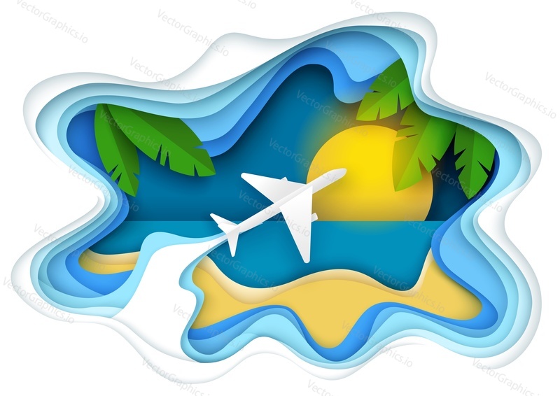 Air flight, vector layered paper cut style illustration. Airplane flying over the sea. Summertime, summer beach vacation, travel by air concept for poster, banner etc.