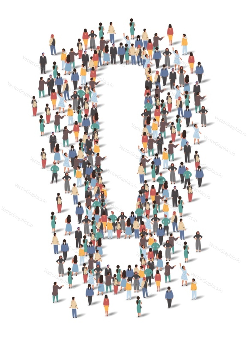 Large group of people forming exclamation mark standing together, flat vector illustration. People crowd gathering. Social problems, population concept.