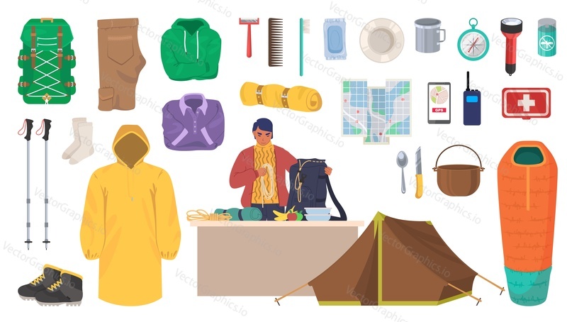 Travel gear and equipment. Hiking and trekking essentials, flat vector isolated illustration. Hiker outdoor clothes, backpack, flashlight, camping tent, trekking poles, sleeping bag, hiking boots etc.
