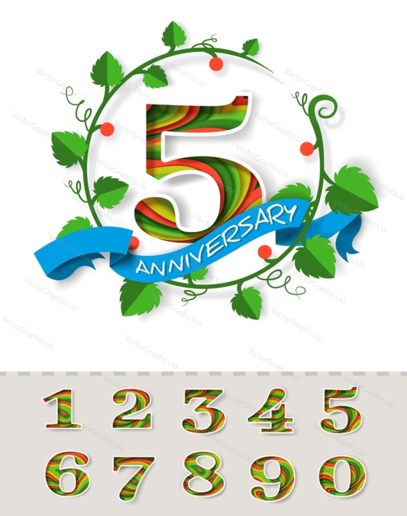 Vector layered paper cut style number 5 in foliage wreath, ribbon with text and numbers from 0 to 9. 5th year anniversary invitation, greeting card, poster template.