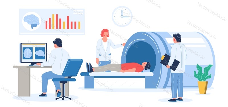 Процедура МРТ-обследования в клинике. Врачи, медицинские работники делают МРТ головы или головного мозга пациента мужского пола, плоская векторная иллюстрация. Магнитно-резонансная томография. Медицина и здравоохранение.