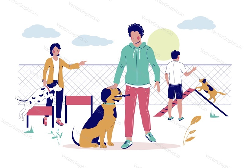 Happy male and female characters teaching their pet dogs to perform commands on puppy playground, vector flat illustration. Dog training classes with coach concept for poster, banner etc.
