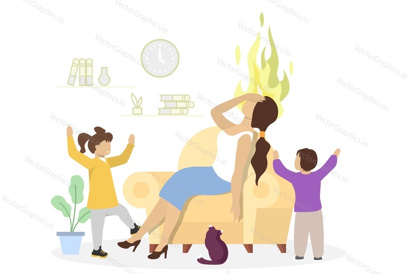 Desperate stressed mother with her kids boy and girl, vector flat illustration. Tired mom sitting in armchair holding head and children playing around her. Mom burnout.