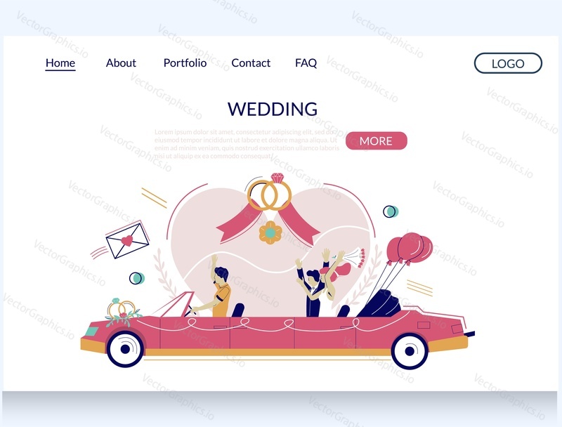 Wedding vector website template, web page and landing page design for website and mobile site development. Happy just married couple riding wedding car, pink cabriolet. Newlywed going for honeymoon.