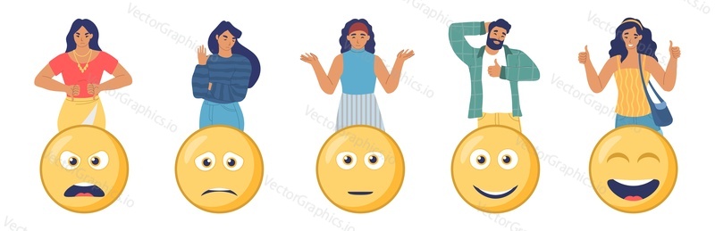 Customers choosing angry, happy, sad emoji to share their feedback, flat vector illustration. People with smiles. User feedback emoticons. Customer satisfaction rating.